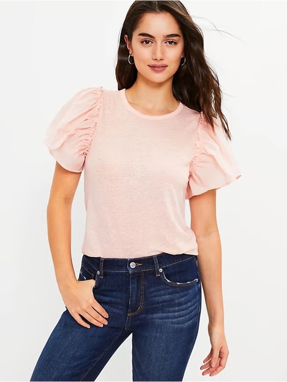 LOFT Linen Light Pink Puff-Sleeve Tee Size M